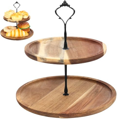 Présentoir à gâteaux à étages en bois rustique pour thé de l'après-midi, plateau de service à cupcakes en bois rustique pour la maison, le thé, les mariages, la ferme (2 niveaux)