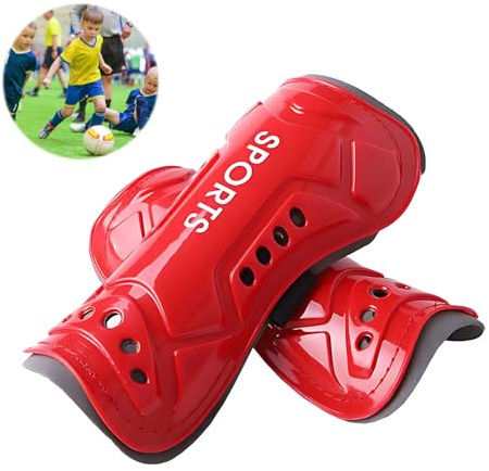 Kids Shin Guards, Child Soccer Shin Pads Perforated Breathable Soccer Shin Guards Board, for Age 3-14 Youth and Kids Boys Girls Soccer Games Calf & Ankle Protection, Red