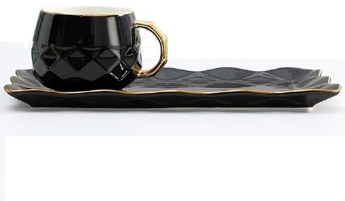 FülleMore Europäische Kaffeetasse mit Kuchenteller und Löffel,220ml Porzellan Espressotasse mit 25x11cm groß Untertasse Goldrand Cappuccino Tasse mit Dessertteller Kaffeeservice Set (Schwarz)