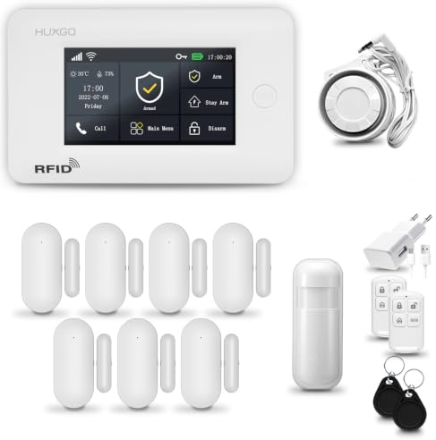 HUXGO® HXA006 Funk Alarmanlage Set WiFi + GSM mit Sirene | Alarm System mit Bewegungsmelder, 7X Tür- Fenstersensor, Fernbedienung | Wohnmobil Alarmanlage
