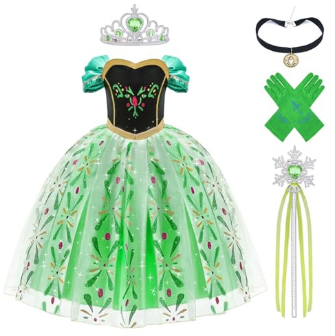Aomig Princess Kostüm Kinder Mädchen, 5 teiliges Kleid Kinder mit Krone Diadem Handschuhe Zauberstab, Girls Princess Costume Weihnachten Verkleidung Karneval Halloween Geburtstag Party (140cm)