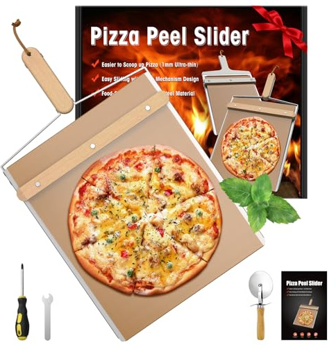 KHKJROS Non-Stick Sliding Pizza Peel 16 & 22x13 Metal Board, Bamboo Paddle w/Detachable Handle & Free Pizza Cutter for Beginners, Outdoor Oven Baking