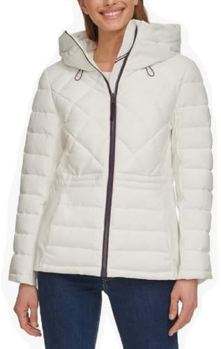 Tommy Hilfiger Veste matelassée à capuche extensible pour femme – Manteau d'hiver pour femme – Vêtement d'extérieur avec poches, blanc, XX-Large