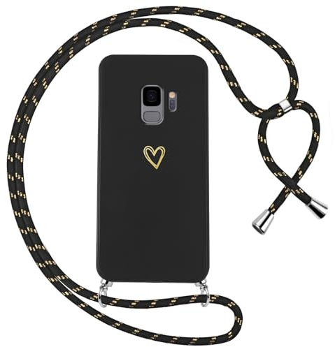 Oelrstfe Handyband für Samsung Galaxy S9 Hülle mit Band Herz Motiv Handyhülle für zum Umhängen Silikon Stoßfest Ultra Dünn Weich Schutzhülle mit Kordel Necklace Kette Love Muster Case,Schwarz