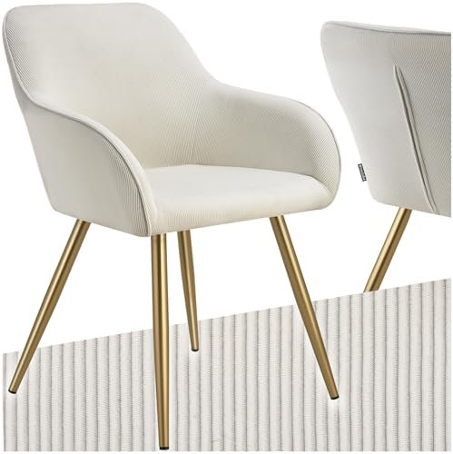 tectake® Esszimmerstuhl, Sessel bequem mit Armlehne, Polsterstuhl, Cord Cocktailsessel, Loungesessel für Wohnzimmer, Esszimmer, Moderne Küchenstühle, Bürostuhl - Creme/Gold