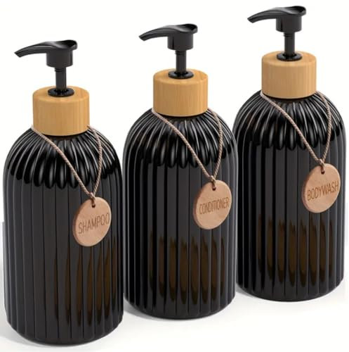 Dispensador Jabon Baño | Set de 3 Botes para Gel Champu y Acondicionador 500ML con 3 Colgantes de bambú | Dosificador Jabon Baño es Elegante y Realzará el Estilo de tu hogar (Negro)