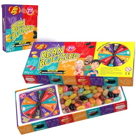 Jelly Belly Bean Boozled 100g + Flip Box 45g Süßigkeiten mit Glücksrad | eklig & lecker, 7. Generation, Extremes Spiel für Mutige, 20 klassische & verrückte Sorten