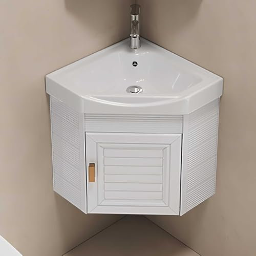 Mobile angolare da bagno con lavello, lavabo a parete, rubinetto caldo e freddo, piccolo lavello in ceramica, set di vanità da bagno per piccolo spazio.