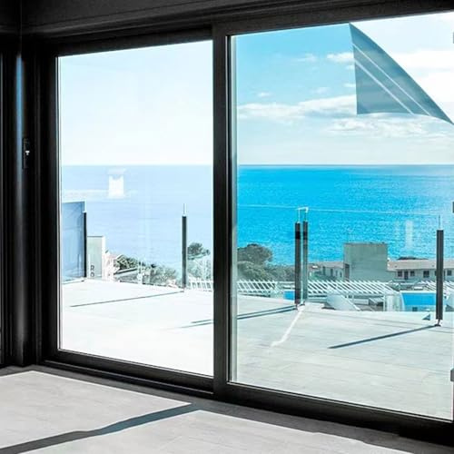 Fcmeavo Spiegelfolie Fenster Sonnenschutzfolie Bickdicht Fensterfolie Sichtschutz UV-Schutzfolie Selbstklebend Wärmeschutzfolie Thermofolie Fenster Verdunkelung für Büro und Haus(Grau Silber,152x100cm