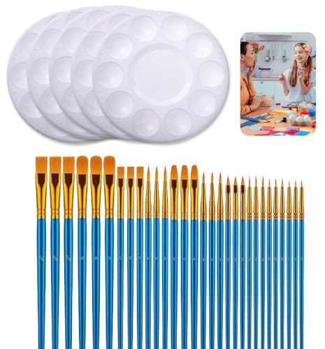 Small Paint Brushes,Nylon Hair Paint Brushes Set,30pcs Face Paint Brushes & 5pcs 10 Well White Round Artist palette for Acrylic Oil Watercolor Gouache Painting Face Paint Brushes