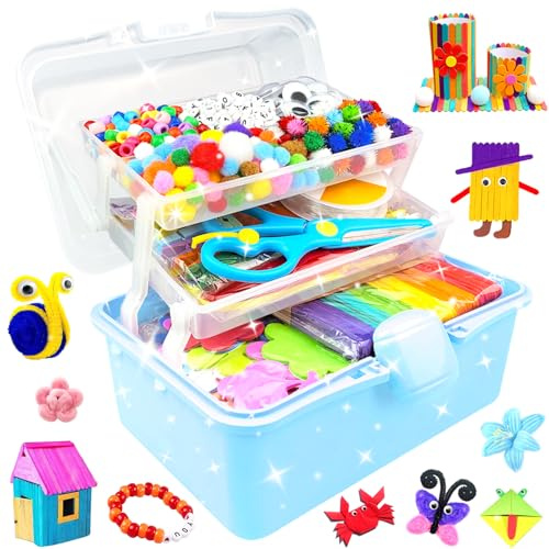 BNUZEIYI 3000Pcs Manualidades Niños Caja Manualidades de 3 Capas Art Supplies Material con Limpiapipas DIY Creativo Juguetes Regalos kit Manualidades Niñas Niños 4-6, 6-8, 8-12 Años, Azul