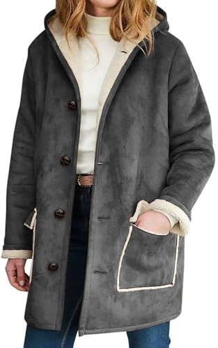 Vestes en daim pour femme avec boutons et doublure en polaire Sherpa - Veste d'hiver thermique en daim synthétique - Manteaux imperméables avec capuche - Manteau tendance mi-long en cuir, gris, M