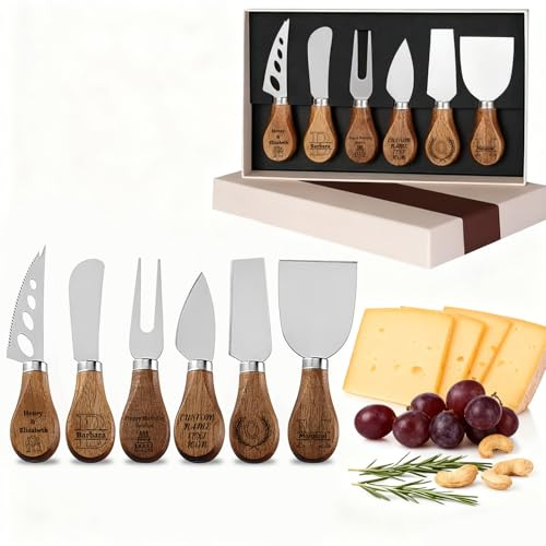 QSZ Coffret de 6 Couteaux à Fromage Personnalisés avec Manche en Bois d'acacia Personnalisée Nom Couteau a Fromage en Acier Inoxydable Cadeau pour Fêtes Réunion (Ensemble de six couteaux a fromage)