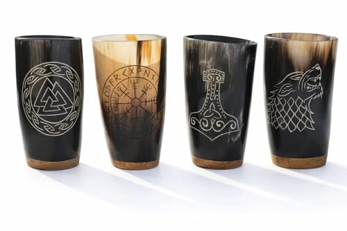 TATLA CRAFT 4er Hornbecher Set – Gravierte Becher aus Naturmaterial – Trinkgefäß für Wikinger Met Tankard OX Mugs Cup Set Viking Drinking Buffalo Wikinger Becher Mittelalter Humpen