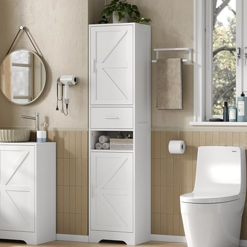 Crehomfy Badezimmerschrank, Badschrank, hoch, schmaler Aufbewahrungsschrank, mit verstellbaren Ablagen, Schublade, offenen Fächern, für kleine Räume, modern, wolkenweiß
