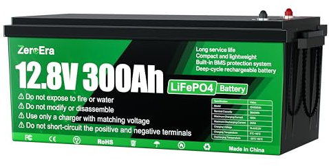 ZeroEra LiFePO4 Batterie 12V 300Ah, 3840Wh Lithium Batterie mit Temperaturschutz von 200A BMS, 15000+ Deep Cycle, Unterstützt Serien/Parallelschaltung für Haushaltsspeicher,1 Stück