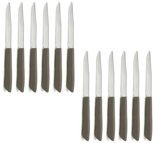 Set 12 Coltelli da tavola per Bistecca e Pizza Professionale Lama Seghettata in Acciaio Inox Speciale Made in Italy Manico Tortora Ergonomico per Carne e Ristorazione