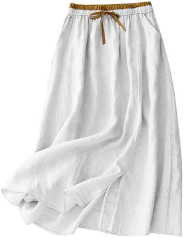LOVRAJ Gonna Estiva Donna Elegante Cotone Lino Midi Leggera Traspirante Vita Elasticizzata con Tasche e Coulisse Bianco M