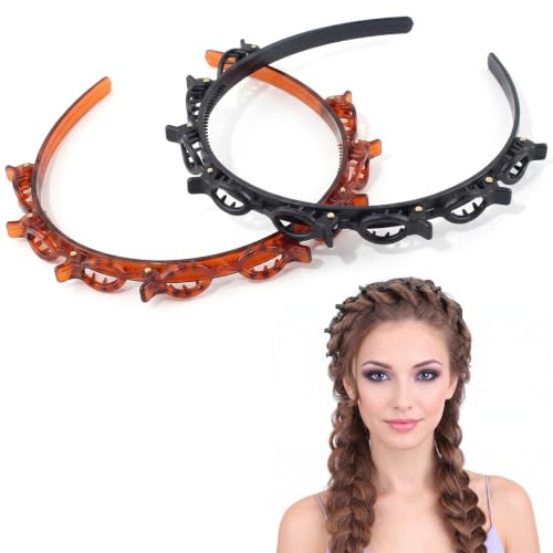 2 Pièces Serre-tête avec Pinces pour Femme, Bandeau Cheveux Double Couche Antidérapant pour Coiffure Tressée DIY, Accessoires de Coiffure Mode, Noir et Marron