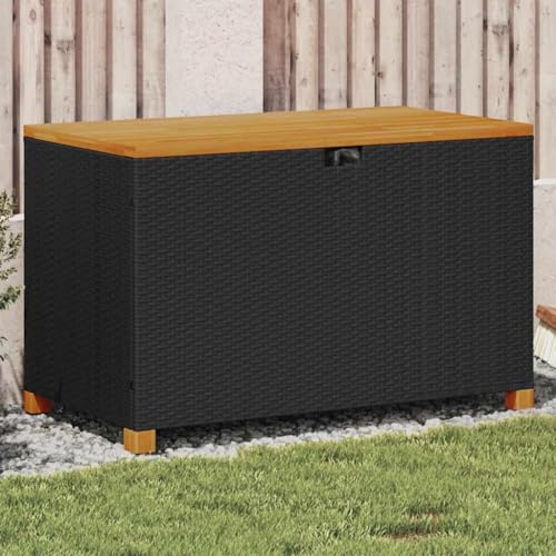 Ordellia Gartenbox Schwarz aus Poly Rattan mit Akazienholz Deckel 110 x 55 x 63 cm, Aufbewahrungsbox mit wasserfestem Innenbeutel, UV-beständig, als Kissenbox und Truhenbank für Terrasse und Garten
