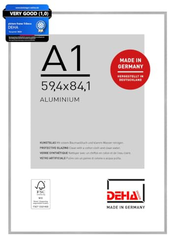 DEHA Design Aluminium Bilderrahmen Tribeca, 59,4 x 84,1 cm (A1), Silber | Aluminium Posterrahmen im Hoch- & Querformat zum Aufhängen Silber gebürstet bruchsicheres Kunstglas