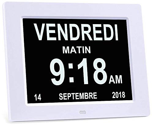 Orologio Calendario Digitale Sveglia, 8 LCD Oscuramento Automatico con Ora, Data, Anno Mese Giorno Non-Abbreviazione Orologio Completo per Perdita Di Memoria Anziani Demenza Alzheimer - Bianco