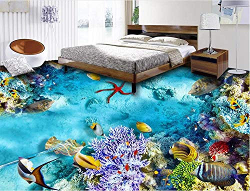 Xcmb PVC Vinyle Carrelage Personnalisé 3D Plancher Papier Peint Algues Algues Poissons Tropicaux 3D Peintures Murales Au Sol Auto-Adhésif Papier Peint-400Cmx280Cm