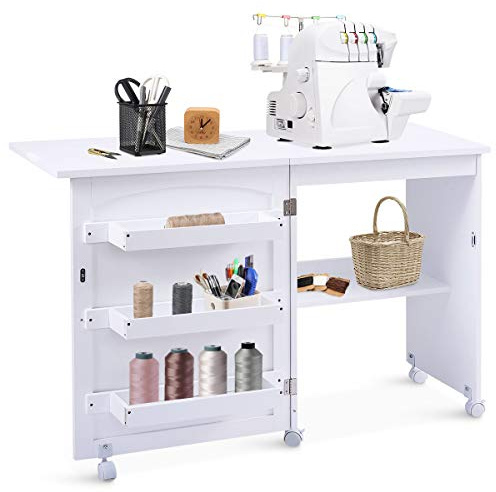 GOPLUS Meuble Couture Pliante,Table Couture avec 3 Étagères et 1 Plateau Machine à Coudre,2 en 1 Bureau Pliable avec 4 Roues, Bois Armoire Peu Encombrante pour Retoucherie,Salon,117x40x74CM,Blanc