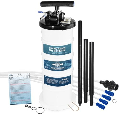 FIRSTINFO Ölabsaugpumpe 6,5L Pneumatisch & Manuell, Taiwan, mit Manometer | Patentierter Öl-Extraktor aus Taiwan: Pneumatisch/Manuell, Sicherheitsmanometer, 5 Schläuche bis 3,9m, 22 Monate Garantie.