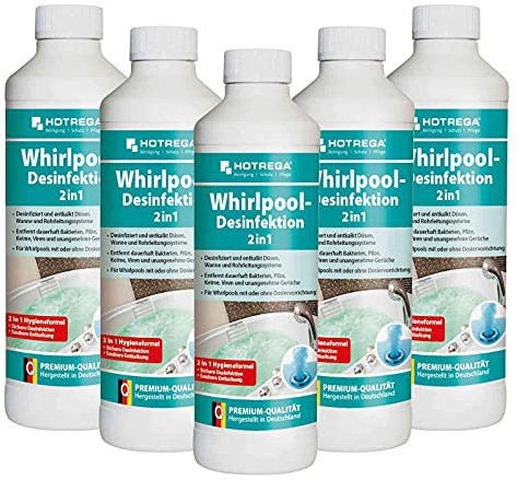 HOTREGA Whirlpool-Desinfektion 2in1 5x 500 ml | Whirlpool Reiniger | Desinfiziert, reinigt und entkalkt | Kraftvoll gg. Kalk Bakterien Viren & Gerüche
