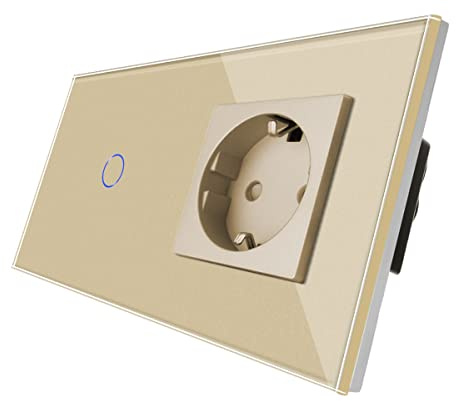 CNBINGO Dimmer med infällt Schuko-uttag – dimmer strömbrytare för LED-lampor – touch-strömbrytare enkel i guld – väggströmbrytare med glasram och statusLED