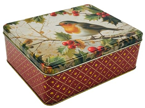MediMuc Presentburk design Thornback and Peel – kärleksfullt utformad rektangulär förvaringsburk – motiv rödbägare – plåtburk, kakburk, burk – mått: (L x B x H): 19,5 x 15,4 x 7,5 cm