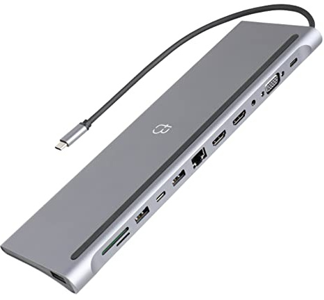 Tradebit - USB-C HUB I Adapter I 12 in 1 I 2X HDMI 4k I VGA I 3X USB 3.0 I LAN RJ45 I SD FT Card I Jack 3,5mm I Power Delivery 87W I Kompatibel mit MacBooks und Laptops