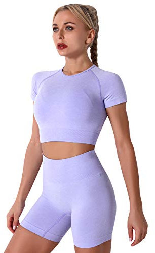 IMEKIS Damen Fitness Set Zweiteilig Workout Outfit Kurzärm Sport Crop Top mit Hoher Taille Shorts Nahtlos Yoga Kleidung Sommer Laufen Trainingsanzug Fitness Activewear Helllila L