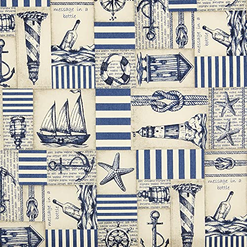 Kt KILOtela - Bedruckter Leinwandstoff, Dekoration, Kissen, Polsterung, 100 cm Länge x 280 cm Breite, Seemann, Scheinwerfer, Boote, Blau - 1 Meter