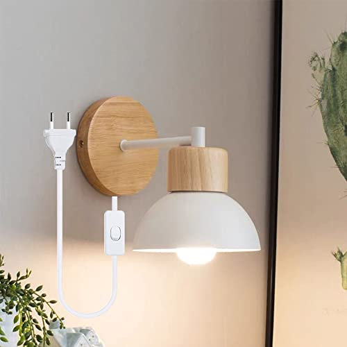 Wandlampe Holz Wandleuchte E27 Wandbeleuchtung Leselampe Innenwandleuchte Eisen Wand Strahler mit Schalter und Stecker Lampenschirm Innen Schlafzimmer Wohnzimmer Flur Küchen Esszimmer Nacht (Weiß)