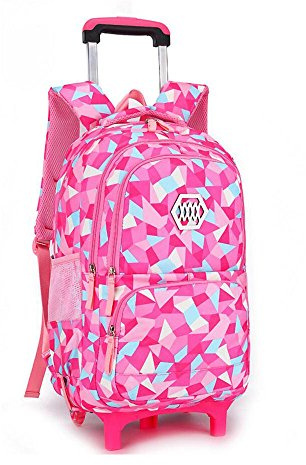VILINKOU Rolling Backpack for Girls Trolley School Bag Wheels Backpack Luggage Waterproof Climbing Stairs (Rose Red with Two Wheels)