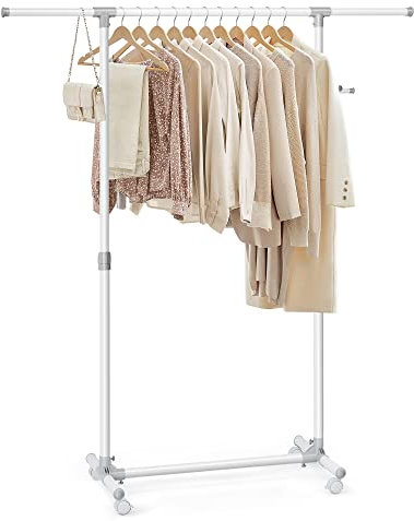 SONGMICS Kleiderständer auf Rollen, Kleiderstange, höhenverstellbar zwischen 97 und 165 cm, ausziehbare Garderobenstange, Garderobenständer, seitliche Haken für Accessoires, weiß LLR001W01