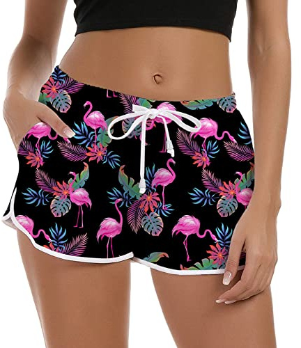Rave on Friday badshorts för kvinnor sommar korta badbyxor snabbtorkande strandshorts simshorts vattensport UV-skydd simbyxor boardshorts med ficka och elastiskt band XS-XL, Rosa flamingo, 48/50 SE