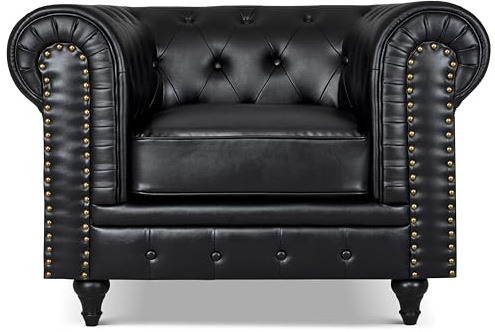 Bravich Chesterfield Armchair | Single Seater Accent Chair | Faux Bonded Leather | Foam Seat Cushion | Scroll Arms | Button Studded Back | Living Room Bedroom Conservatory | Black | 110x90x78cm