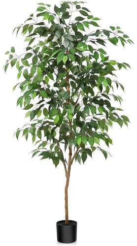 Fopamtri Künstliche Pflanzen Groß 150 cm Ficus Benjamina Kunstpflanze mit Naturholzstamm, Zimmerpflanze Kunstbaum im Topf für Zuhause Büro Balkon Dekoration (1 Stück)
