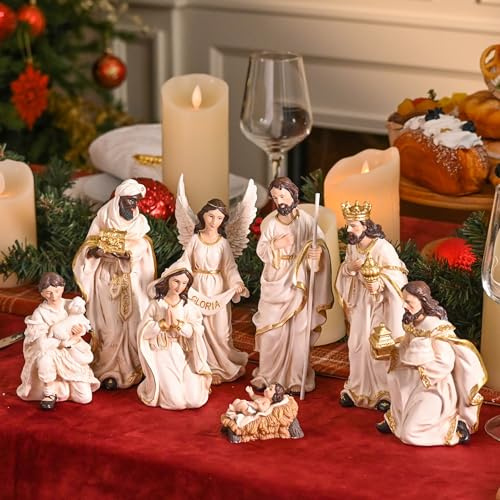 Valery Madelyn Christmas Nativity Set, 8 Piece Nativity Scene Sets & Figures Resin 8'' Holy Family, White Gold Christmas Jesus Religious for Holiday Indoor Xmas Gift Table Decorations
