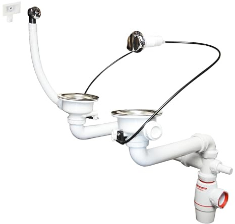 Wirquin 30724378 Kit Bonde Siphon Évier Néo Air 2 Bacs Ø90 mm | Gain de place, anti-odeurs, anti-vide intégré, installation facile, prise machine à laver, fabriqué en France, chromé