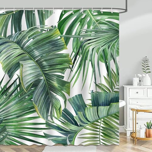 Avezano Tropical Leaves Shower Curtain Green Palm Leaf Plant Bathroom Shower Curtain Greenery Tropical Leaves Waterproof Bathtub Curtain Decor with 12 Hooks 72 X 72 Inches