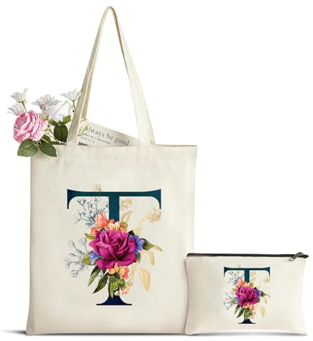 Personalisiert Initialen Tragetasche Canvas mit Innentasche, Kosmetiktasche mit Reißver, Baumwolltasche, Einkaufsbeutel Tote Bag, Geburtstag Weihnachten Geschenk für Frau Freundin Mama Brautjungfer T