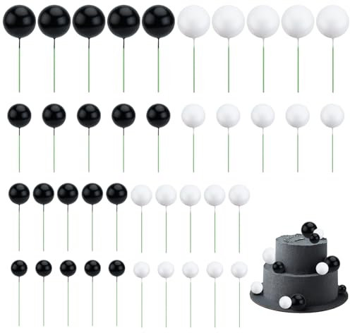 Bekecidi 40 Pezzi Decorazioni per Torte a Forma di Palla - 4 Misure per Feste, Compleanno e Cupcake - Nero+Bianco