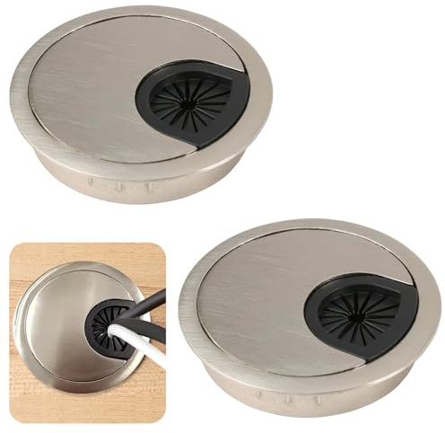 2 Kabeldurchführungen aus Aluminiumlegierung, runde 60-mm-Lochabdeckung für Schreibtisch-Organizer im Homeoffice (gebürstetes Silber)