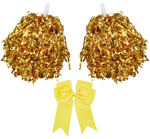 CREATCABIN Cheerleading Pompons Große Cheerleader Haarschleife Metallischen Folienpompons Anfeuern Für Sportveranstaltungen Cheerleading Team Tanzen Rooters Zubehör Erwachsene Team Fußball Gelb