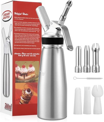 500ml Sahnespender, Sahnespender aus Aluminium, Sahnesyphon mit 3 Edelstahl Deko Düsen, 3 Kunststoffe Deko Düsen, 1 Kapselhalter, 1 Reinigungbürste und 1 Synopsis, für Schlagsahne, Creme, Mousse
