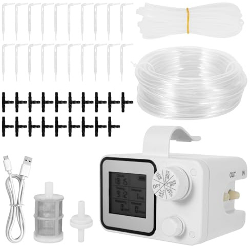 Automatisches Bewässerungssystem, Tropfbewässerungsset für 20 Topfpflanzen,USB-C Indoor Tropfbewässerungssystem mit LCD-Display,Wassermangelalarm, Uhr, Programmierbarer Wassertimer mit 20 Tropfspitzen